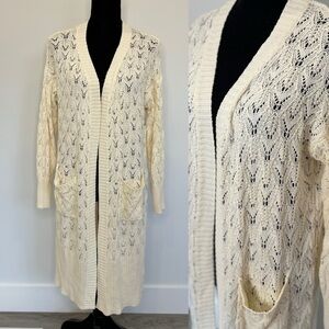 Pink Rose Cream Front Open Long Sleeve Knit Cardigan with Pockets (Large)